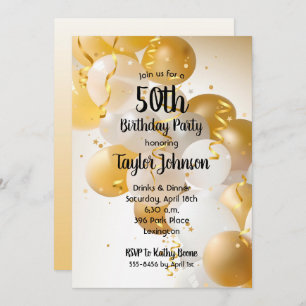 Gold White Balloons Birthday Party Invitations