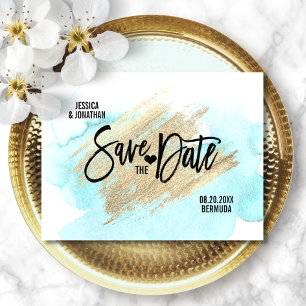 Gold White BEACH Destination Wedding SAVE THE DATE Announcement Postcard