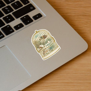 Gold White Birdcage With Bird on Branch Cabin Snow