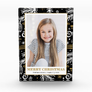 Gold white black doodle pine  holiday photo block