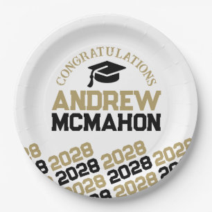 Gold White Black Half Repeat Grad Personalised Paper Plate