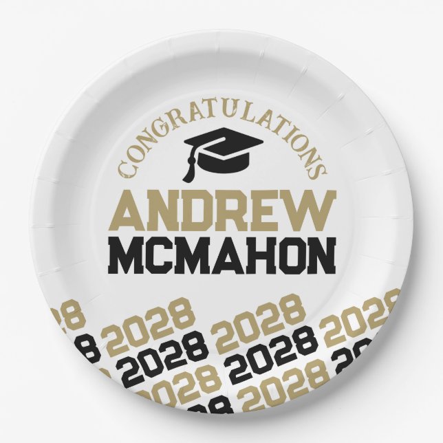 Gold White Black Half Repeat Grad Personalised Paper Plate (Front)