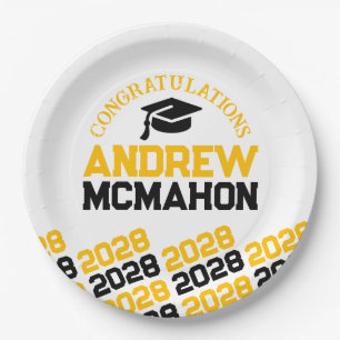 Gold White Black Half Repeat Grad Personalised Paper Plate