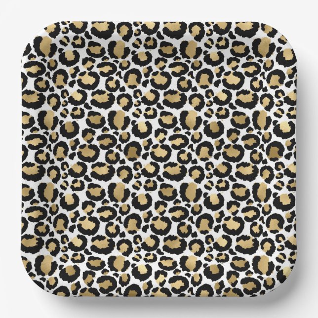 Gold, white & black leopard print paper plates (Front)