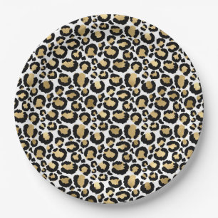Gold, white & black leopard print paper plates