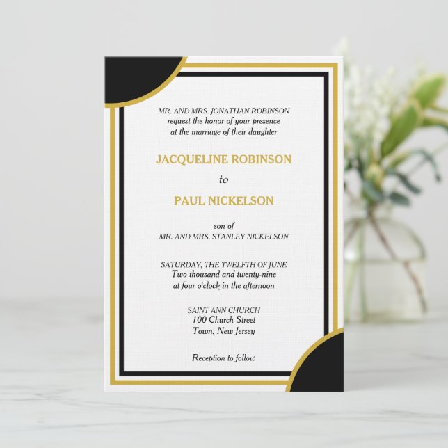 Gold White Black Monogram Geometric Wedding Invitation (Standing Front)