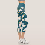 Gold, white & blue elegant orchid floral modern capri leggings<br><div class="desc">Modern leggings featuring an elegant floral pattern with beautiful gold and white stylised orchids on a trendy blue background; the waistband is plain blue.</div>