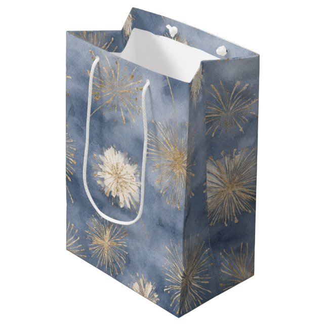 Gold White Blue Glitter Fireworks Medium Gift Bag (Front Angled)