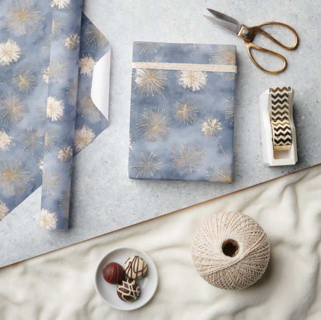 Gold White Blue Glitter Fireworks Wrapping Paper (Crafts)