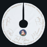 Gold White Blue Santa Classic Vintage Christmas Brushed Polyester Tree Skirt<br><div class="desc">Traditional vintage Christmas greeting with trendy gold typography and Santa Claus in a circular frame in blue on white background. Personalise it by changing the names of the family members and the last name keeping the same space between the names.</div>