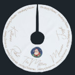 Gold White Blue Santa Classic Vintage Christmas Brushed Polyester Tree Skirt<br><div class="desc">Traditional vintage Christmas greeting with trendy gold typography and Santa Claus in a circular frame in blue on white background. Personalise it by changing the names of the family members and the last name keeping the same space between the names.</div>