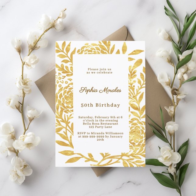 Gold white botanical birthday invitation (Creator Uploaded)