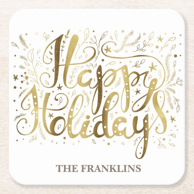 Gold White Brush Script Happy Holidays Christmas Square Paper Coaster (Front)