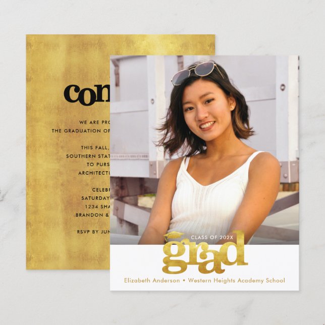 Gold White Budget Photo Graduation Bold Cap Invite (Front/Back)