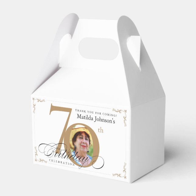  Gold White Calligraphy Custom Photo 70th Birthday Favour Box (Front Side)