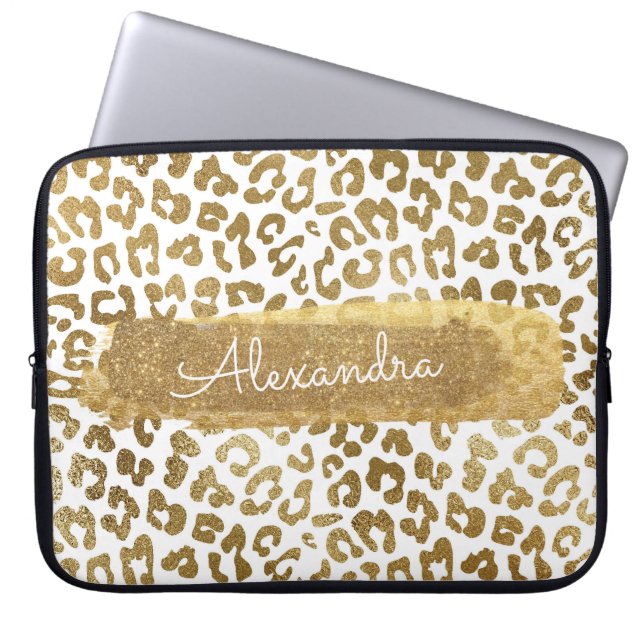 Gold & White Cheetah Print with Gold Glitter Laptop Sleeve (Front)