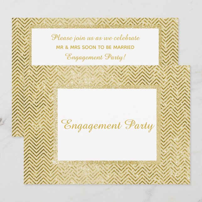GOLD WHITE CHEVRON GLITTER ENGAGEMENT PARTY INVITATION (Front/Back)