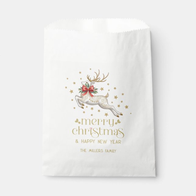 Gold White Christmas Reindeer Favour Bags (Front)