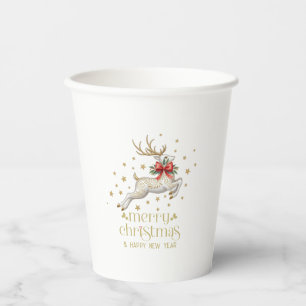 Gold White Christmas Reindeer Paper Cups