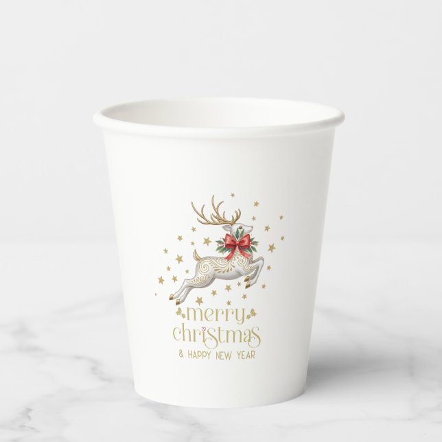 Gold White Christmas Reindeer Paper Cups (Front)