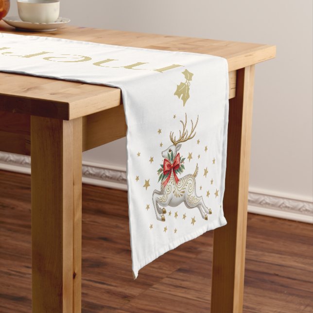 Gold White Christmas Reindeer Short Table Runner (In Situ)
