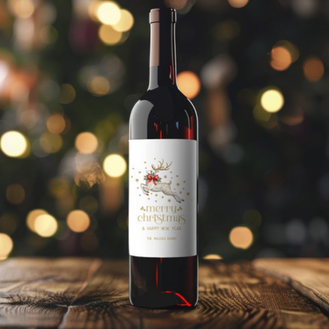 Gold White Christmas Reindeer Wine Label (Creator Uploaded)