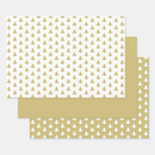 Gold/White Christmas Tree Iconic Pattern Wrapping Paper Sheet