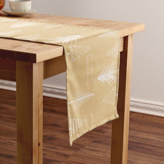 Gold, White, Christmas Tree Stars Elegant Holiday Long Table Runner (In Situ)