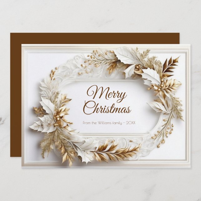 Gold white classic elegant wreath holiday card (Front/Back)