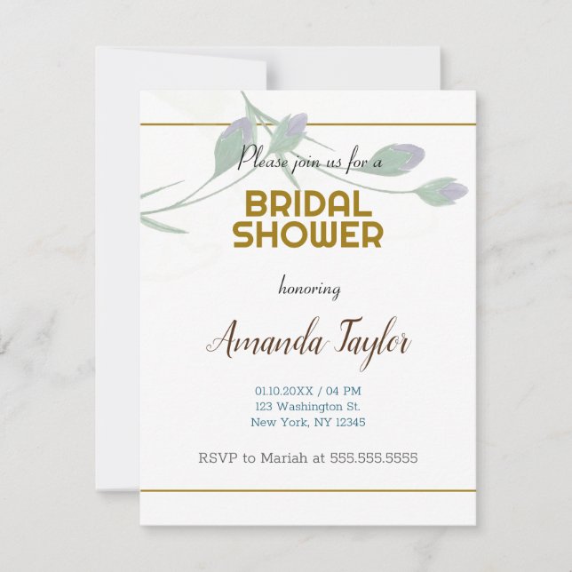 Gold White Colour Floral Minimalist Bridal Shower RSVP Card (Front)