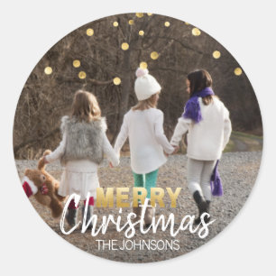 Gold White Confetti Merry Christmas PHOTO Classic Round Sticker