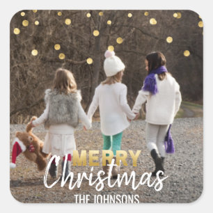 Gold White Confetti Merry Christmas PHOTO Square Sticker