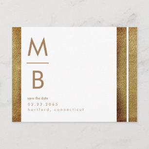 Gold & White Contemporary Monogram Save the Date  Postcard