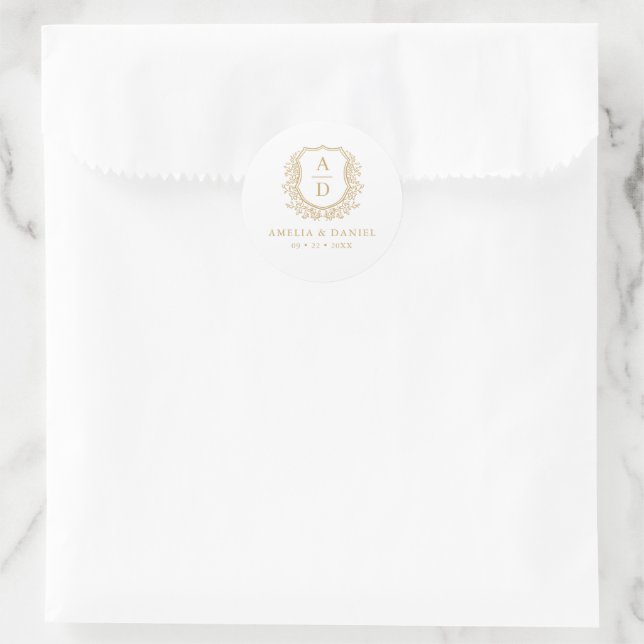 Gold White Crest Modern Monogram Wedding  Classic Round Sticker (Bag)