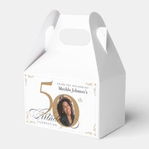 Gold White Custom Photo Calligraphy 50th Birthday Favour Box