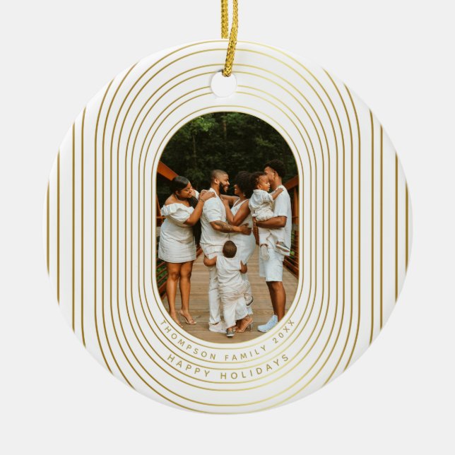 Gold White Custom Photo Family Christmas  Ceramic Tree Decoration (Front)