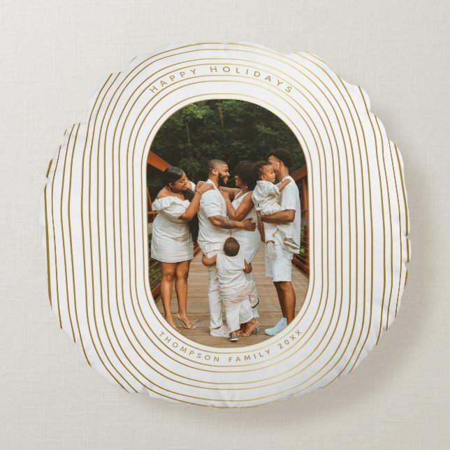 Gold White Custom Photo Family Christmas Round Cushion (Front)