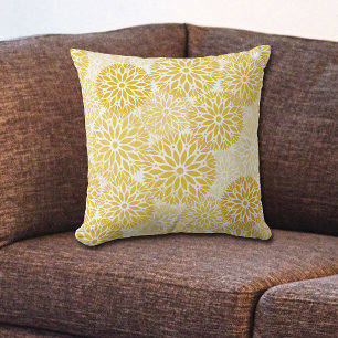 Gold White Dahlia Flower Pattern Throw Pillow