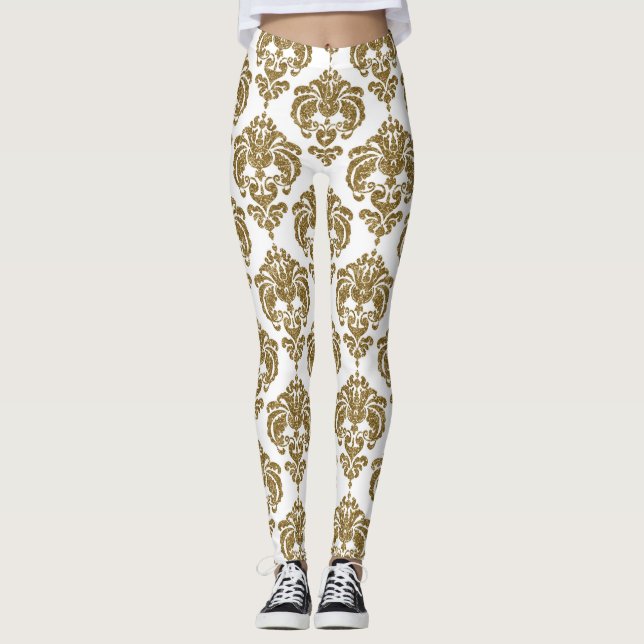 Gold & White Damask Chic Modern Elegant Pattern Leggings (Front)