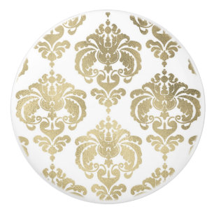 Gold & White Damask Elegant Bedroom Dresser Ceramic Knob