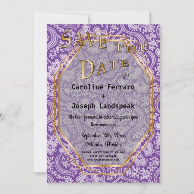 Gold & White Damask Flowers Purple Save The Date (Front)