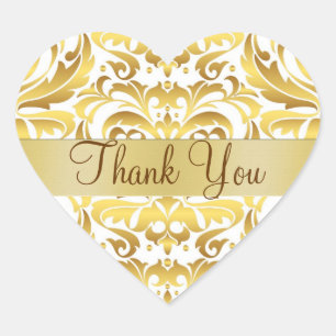Gold & White Damask Thank You Heart Sticker