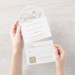 Gold & White Elegant Charm Script Wedding All In One Invitation