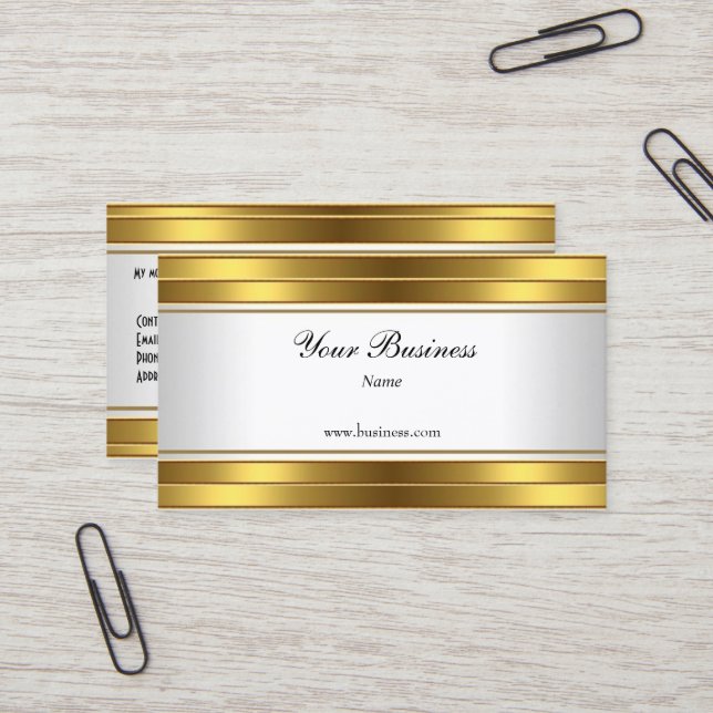 Gold White Elegant Classy Business Card (Front/Back In Situ)