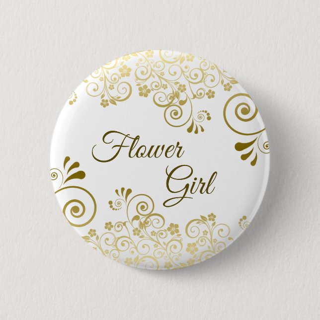 Gold & White Elegant Filigree Flower Girl Wedding 6 Cm Round Badge (Front)