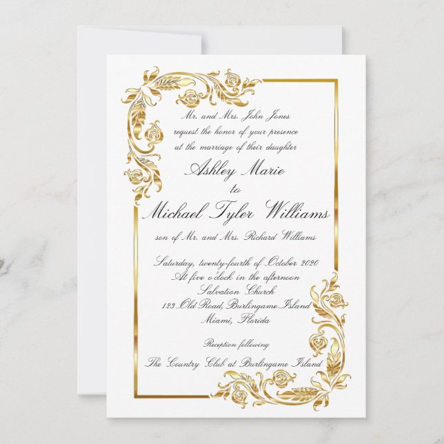 Gold White Elegant Glamourous Formal Wedding Invitation (Front)