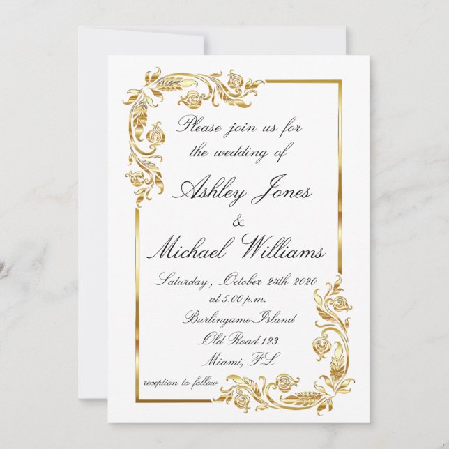 Gold  White Elegant Glamourous Informal Wedding Invitation (Front)