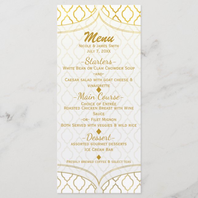 Gold & White Elegant Moroccan Glam Wedding Menu (Front)