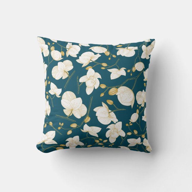 Gold & white elegant orchid floral modern blue cushion (Front)