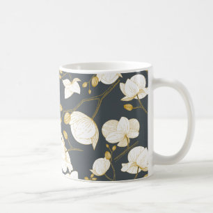 Gold & white elegant orchid floral modern grey coffee mug